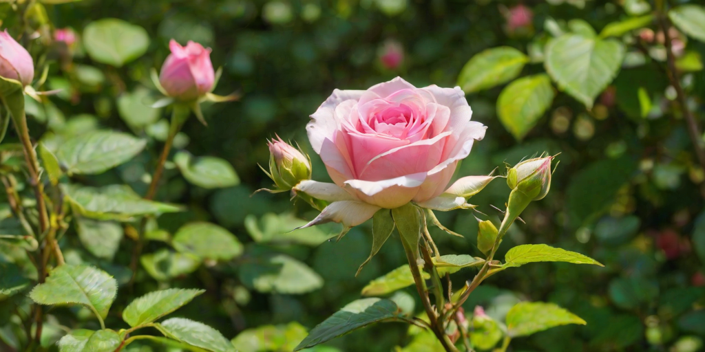 a blooming pink rose surrounded by green leaves and smaller rose buds on a bright sunny day