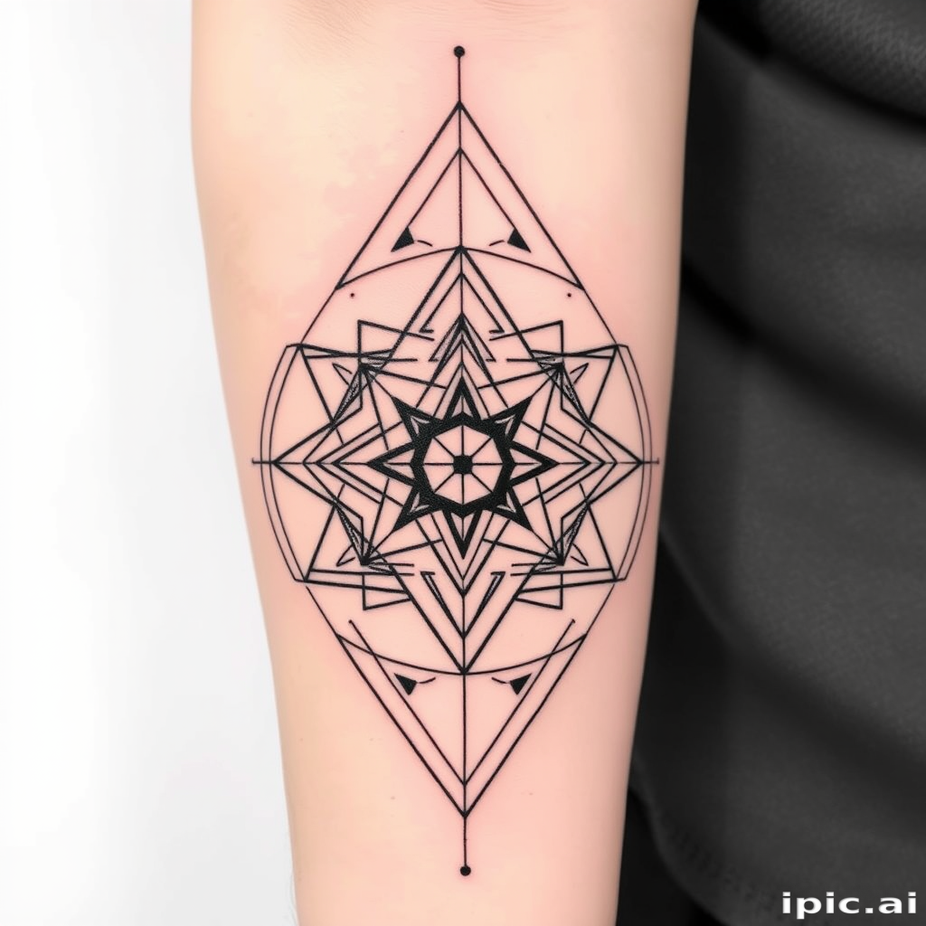 Abstract geometric tattoo titled "Sacred Symmetry" incorporating precise shapes and lines to form a balanced composition inspired by sacred geometry and architectural elements
