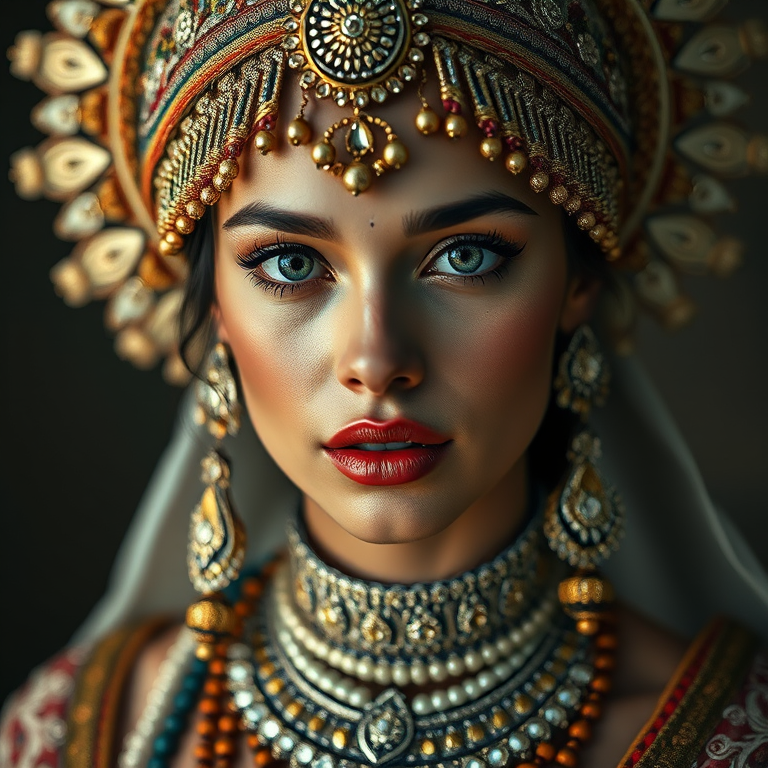 a highly detailed portrait of a woman adorned with intricate jewelry and an elaborate headdress, soft diffused lighting, shallow depth of field, DSLR camera, 50mm lens, ISO 100, f/1.8, high resolution, vibrant colors, hyper-realistic style