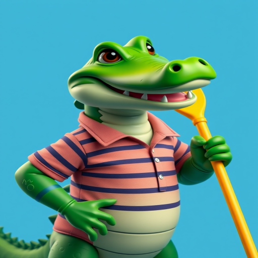 Create a detailed cartoon-style image of a green alligator wearing a striped shirt and holding a yellow paddle, set against a bright blue background, using a Canon EOS R5 with a 50mm lens, f/1.8 aperture, ISO 100, and an 85-degree angle view for optimal focus and clarity.