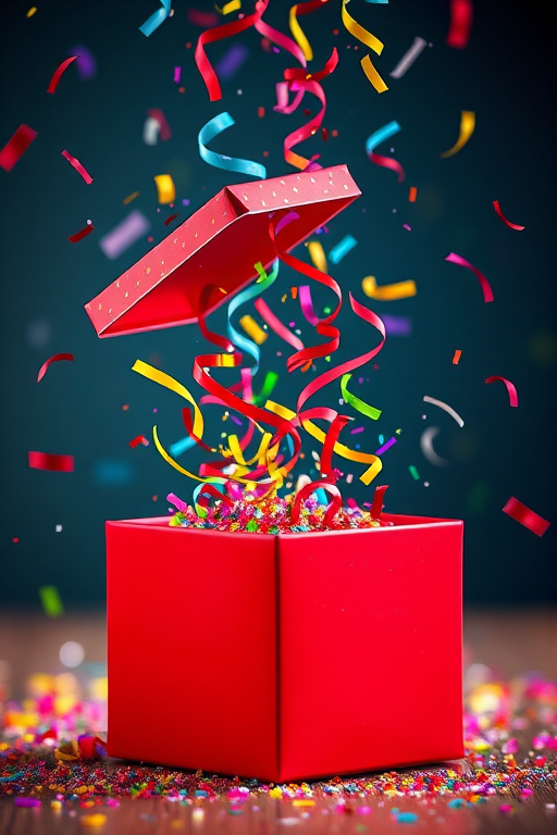 Generate an image of a bright red gift box with its lid open, colorful confetti and streamers swirling out of it in a festive manner, shot with a DSLR camera at f/1.8 aperture, ISO 100, 50mm lens, in a shallow depth of field for a soft background blur, using a vibrant color palette and dynamic composition.