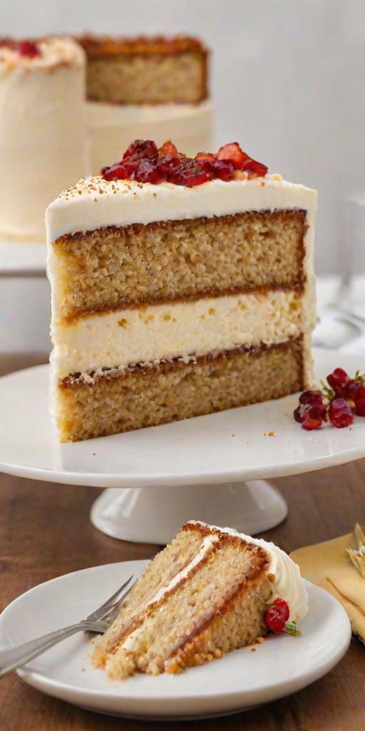 Generate an image of a slice of layered cake. The cake should have three distinct layers: a light yellow sponge cake, a creamy filling, and a fluffy white frosting. The top should be decorated with a crunchy caramelized topping, and the slice should be presented on a white plate. The background should be softly blurred to emphasize the cake.