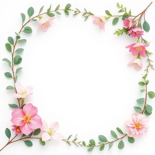 Regenerate a floral frame made of pink and white flowers with green eucalyptus leaves in a square shape on a white background, using a DSLR camera with a 50mm lens at f/2.8, ISO 100, and a soft diffused lighting setup for enhanced clarity and vibrancy.