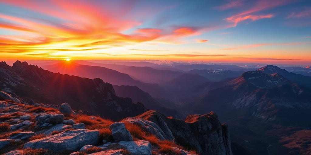Create a high-quality image of a serene mountain landscape during sunset with vibrant colors, captured using a DSLR camera at f/8 aperture, ISO 200, 24mm focal length, in landscape orientation with a wide-angle lens.