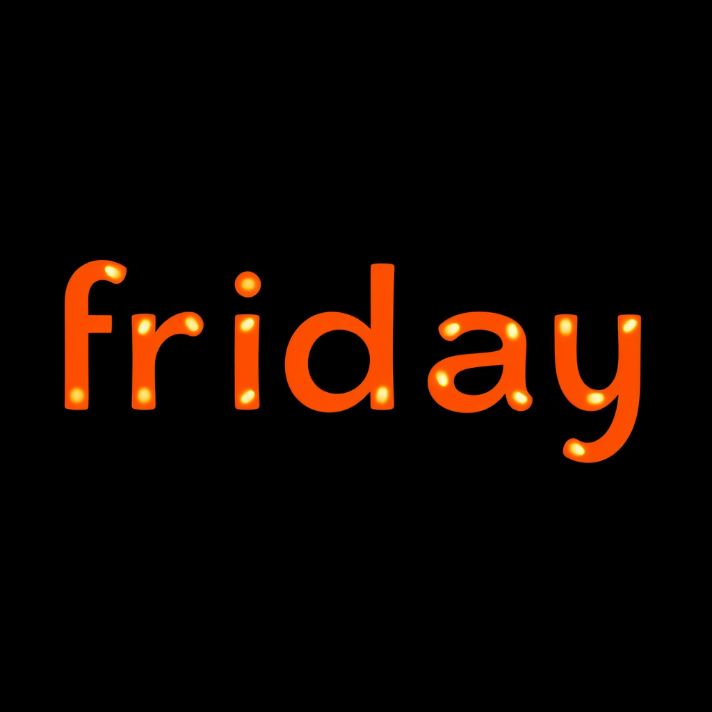 Create a high-resolution graphic of the word "friday" in a bold, artistic font on a black background, using a Canon EOS R camera with a 50mm lens at f/1.8, ISO 100, and a shutter speed of 1/125 sec, with a soft-focus effect for an enhanced and creative appearance.