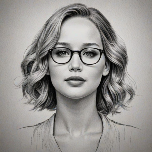 Ravishing Jennifer Lawrence, pencil sketch, portrait of Pleasing woman 1935s in glasses, hair style beatnik, outline, clear lines, fine lines, 8k