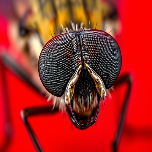 macro shot of a fly with detailed focus on its eyes and texture, red background, aperture f/2.8, shutter speed 1/250s, ISO 100, 100mm macro lens, DSLR camera, natural lighting