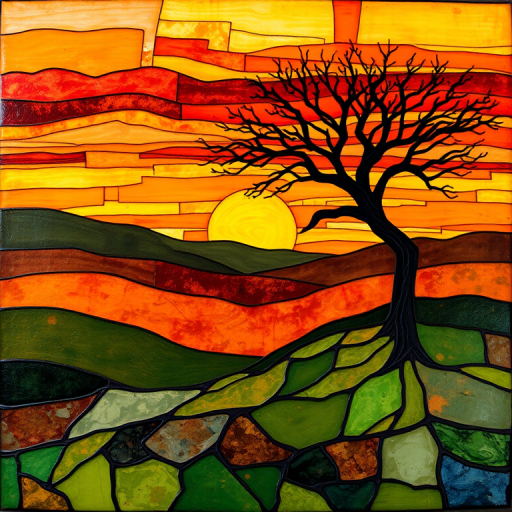 A vibrant abstract painting on Tiffany Glass, blending acrylic and alcohol ink techniques, captures a dramatic sunset over rolling hills. The artwork features a textured, rocky foreground in green and brown, layered abstract hills, and a striking sunset in rich oranges, yellows, and reds. A solitary black tree with intricate branches contrasts against the fiery sky, creating a dynamic and expressive portrayal of a breathtaking natural scene.