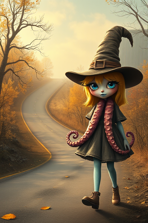 digital art fantasy depicting a strange girl with Yellow hair, long eyelashes, cyan lipstick and a tall hat walking along a winding road on an autumn afternoon, an Octopus smiles as she passes