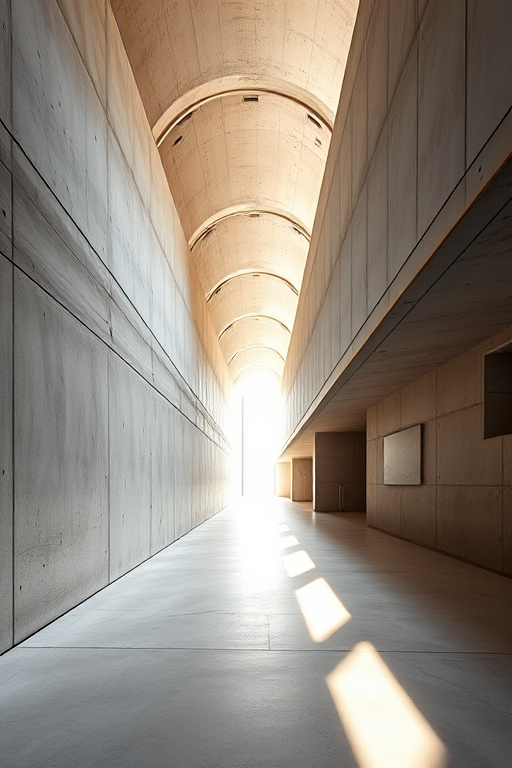 interior of a modern architectural space with curved concrete walls, soft natural light streaming in from the end of the hallway, high-resolution, shot with a Canon EOS R5, f/2.8, ISO 100, 24mm lens, wide-angle view, soft-focus effect