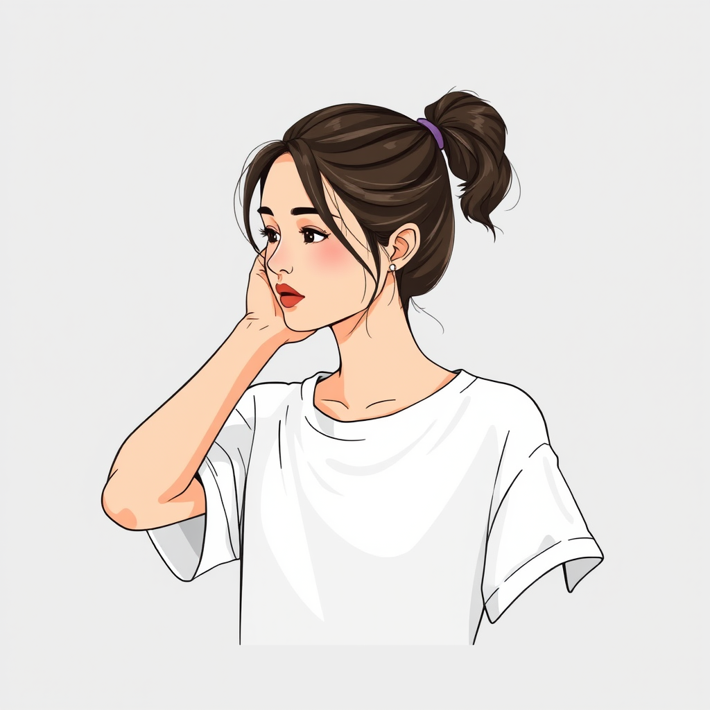 Generate a high-quality illustration of a young woman styling her hair with a hair tie, wearing a loose white t-shirt, in a minimalistic gray background, captured with a DSLR camera, 50mm lens, f/1.8 aperture, ISO 100, and natural lighting to enhance details and textures in the image.
