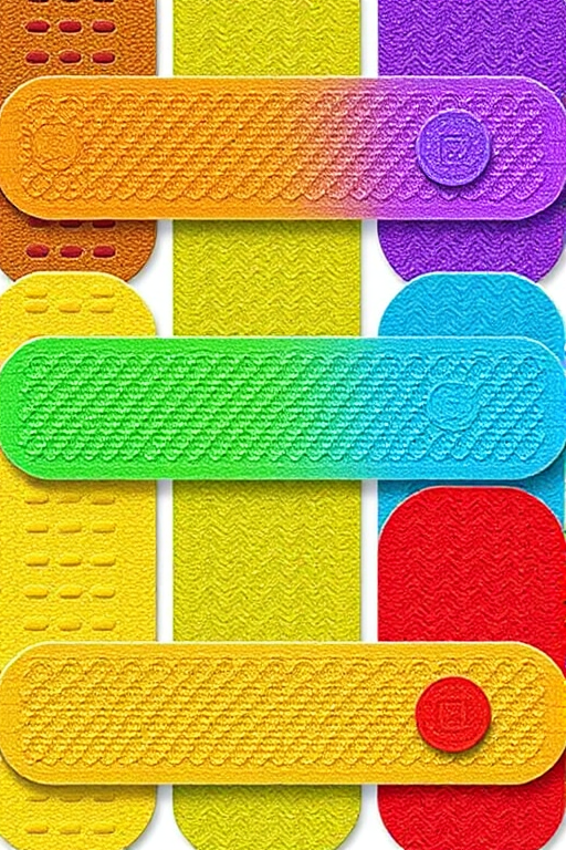 Create a high-resolution illustration of six colorful adhesive bandages in a row, with varying colors of brown, yellow, green, blue, purple, and red, using a DSLR camera with a 50mm lens, f/2.8 aperture, ISO 100, and natural lighting for enhanced clarity and detail.