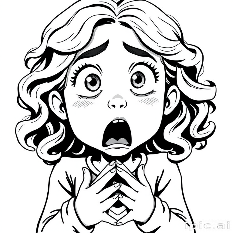 The image is a black and white illustration of a young girl with curly hair. She has a surprised expression on her face with her mouth open and her hands clasped together in front of her chest. Her eyes are wide and her eyebrows are furrowed. Her hair is styled in loose curls that are cascading down her back. The overall mood of the image is one of shock or surprise.