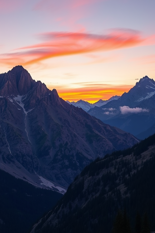 Create a high-resolution image of a majestic mountain landscape at sunset with vibrant colors, using a Canon EOS 5D Mark IV camera, ISO 100, aperture f/8, focal length 24mm, shot from a low angle in landscape orientation, employing a smooth HDR style for enhanced details and contrast.