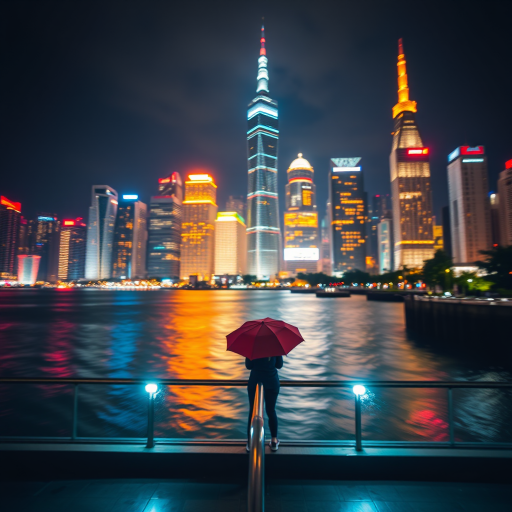 Create a vibrant city skyline at night with dazzling lights reflecting on the water, include a lone figure under an umbrella on a railing, using a Canon EOS R5, 24mm lens, f/2.8 aperture, ISO 400, slow shutter speed for motion blur effect, captured in a wide-angle view for depth.
