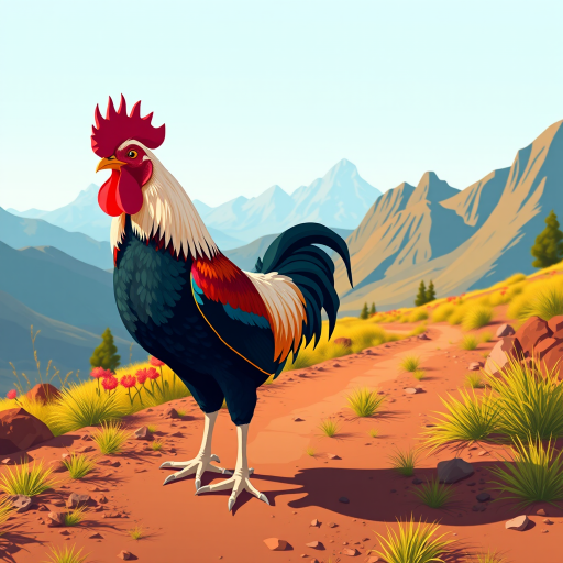 Regenerate a vibrant illustration of a proud rooster standing on a dirt path with mountains in the background, captured in a colorful flat design style with a wide-angle lens and a 35mm camera at f/8 for sharp focus, emphasizing the rooster's detailed feathers and the scenic landscape.