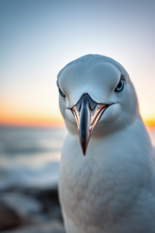 capture a close-up of a white bird with black and blue eyes by the ocean at sunrise, using a DSLR camera, 85mm lens, aperture f/2.8, ISO 200, soft focus on the background, natural lighting