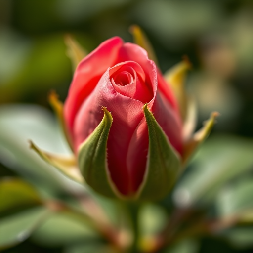 close-up of a rosebud surrounded by leaves, shallow depth of field, natural light, f/2.8 aperture, 50mm lens, ISO 100, macro photography, soft bokeh in the background