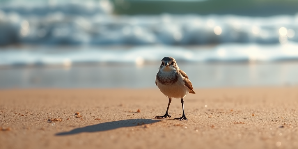 Capture a close-up of a small bird standing on a beach with waves in the background, using a Canon EOS 5D Mark IV with a 70-200mm lens, f/4 aperture, ISO 200, shutter speed 1/500s, shot from eye level to enhance detail and clarity.