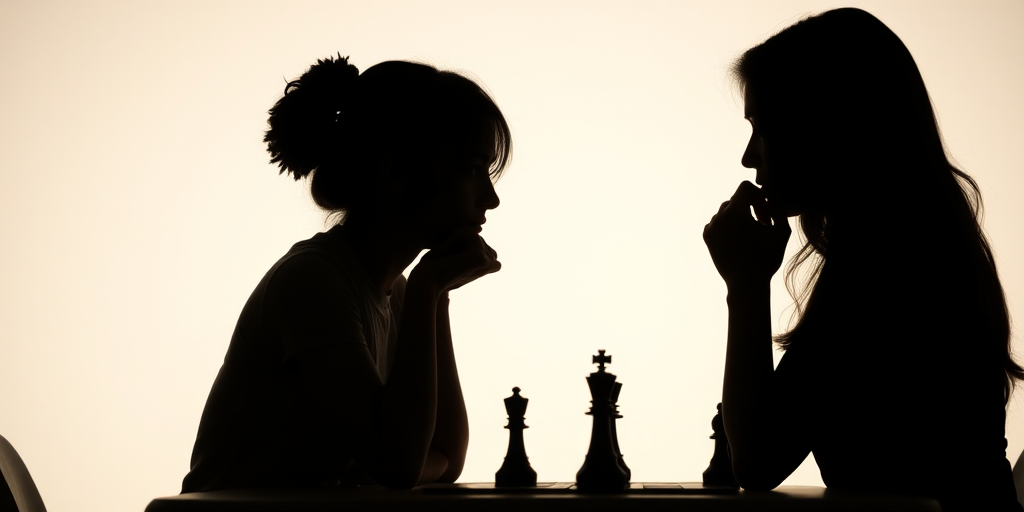 Two women engaged in a chess match, silhouette style, with a soft gradient background, shot with a DSLR camera at f/2.8 aperture, 50mm lens, ISO 200, capturing a side view composition with natural lighting to enhance contrast and detail.