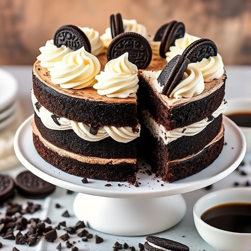 Chocolate cream cake with layers of dark chocolate sponge filled with cookies and cream frosting topped with whipped cream swirls and Oreo cookie halves on a white cake stand with a slice cut out, surrounded by crushed chocolate cookies and a small bowl of coffee.