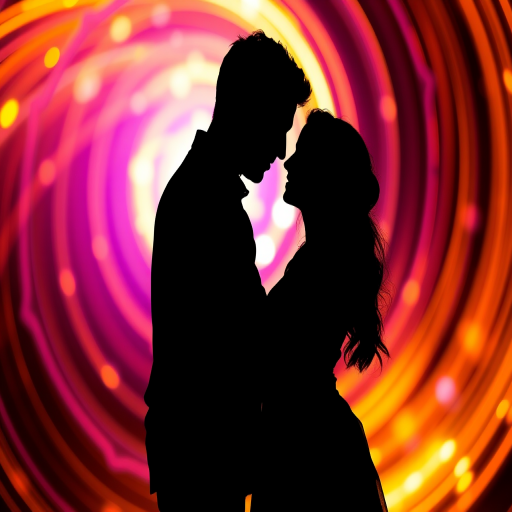 Create an abstract silhouette image of a couple embracing with vibrant swirling light patterns in the background, captured with a DSLR camera at f/1.8, ISO 200, 50mm lens, using a soft focus style to enhance the ethereal quality.