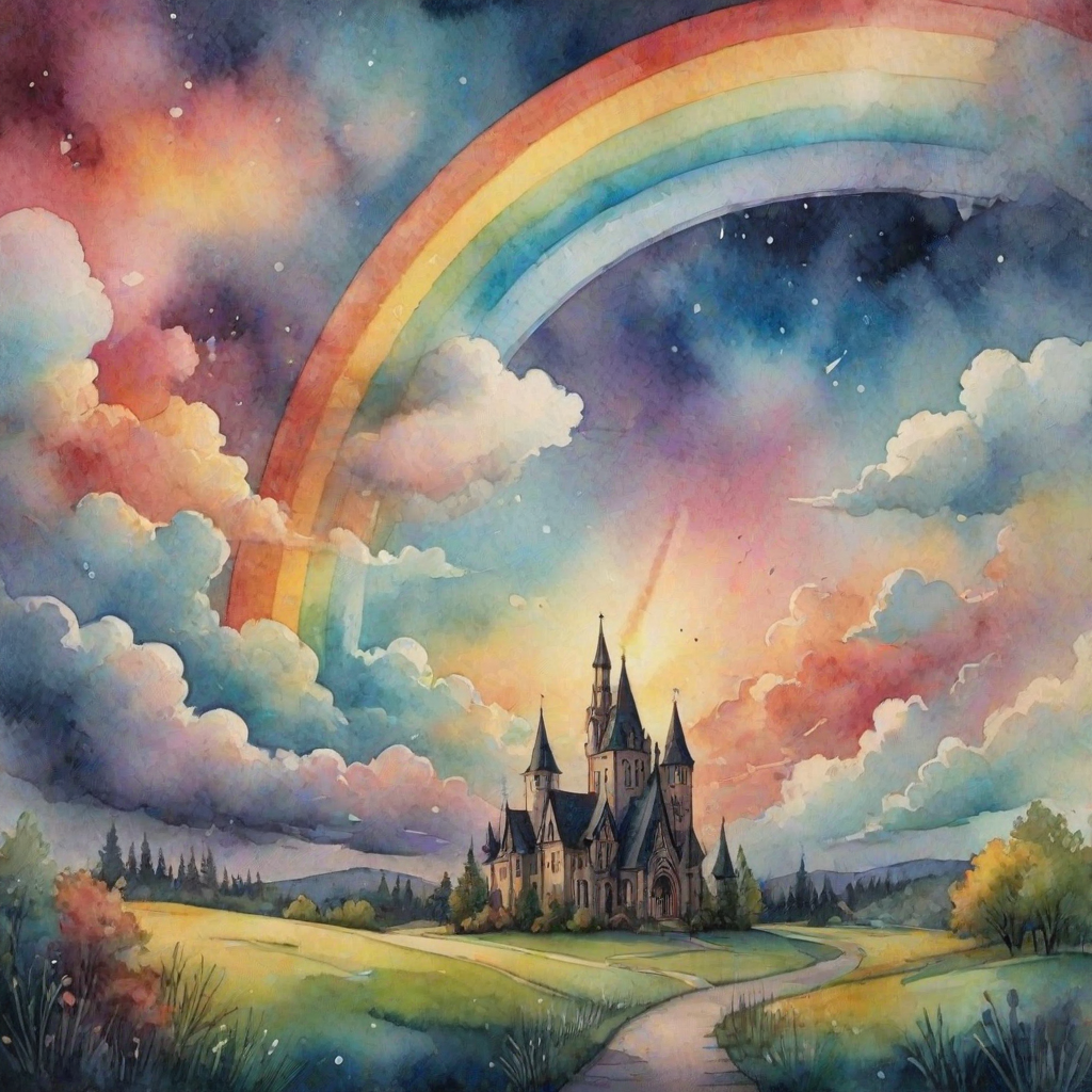 A whimsical and surreal sky with a vibrant rainbow, featuring dramatic lighting effects and a textured watercolor background, with a touch of gothic aesthetic.