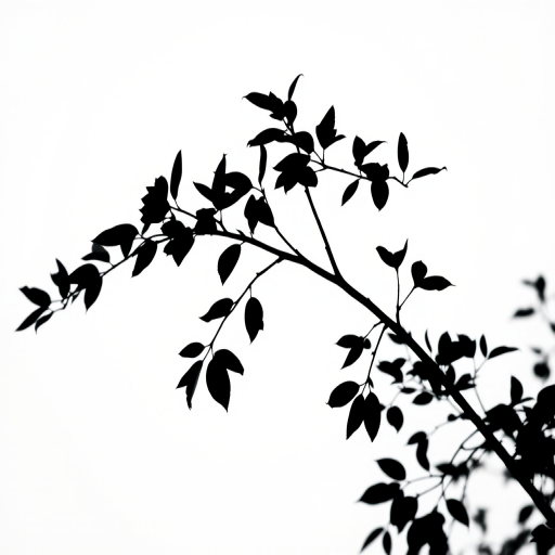 Create a high-resolution black silhouette of a tree branch with leaves against a white background, captured with a Canon EOS R5 at f/8, ISO 100, shutter speed 1/200s, using a macro lens in a soft natural light setting.