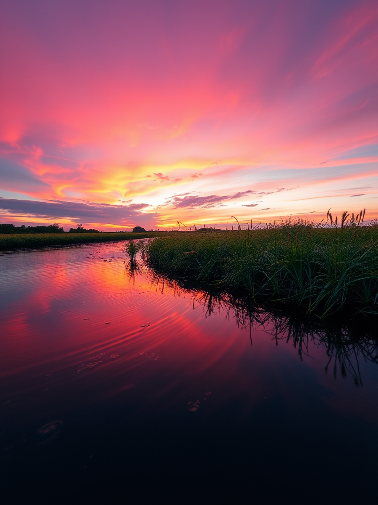 Generate a high-resolution image of a serene landscape at sunset, with vivid colors and soft reflections on water, using a Canon EOS R5, 35mm lens, f/8 aperture, ISO 100, long exposure for smooth water, shot from a low angle to capture the sky's details.