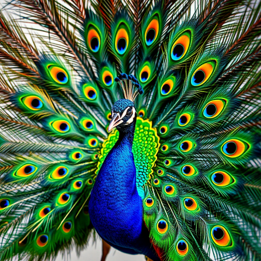 Create a vibrant, detailed illustration of a peacock with its tail feathers fanned out, using a Canon EOS R5 with a 50mm f/1.2 lens, aperture at f/2.8, ISO 100, 1/200s shutter speed, in a bright, well-lit studio environment with a soft-focus background for depth.