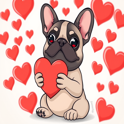Create a cute cartoon image of a French Bulldog holding a red heart, surrounded by floating red hearts, captured with a 50mm lens, f/1.8 aperture, ISO 100, soft focus background, in a bright and cheerful style, using a digital SLR camera.