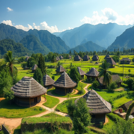generate a landscape image of a village with thatched-roof huts surrounded by lush greenery and mountains in the background, captured with a DSLR camera, aperture f/8, ISO 200, shutter speed 1/250s, using a wide-angle lens for a panoramic view and vibrant colors in daylight.