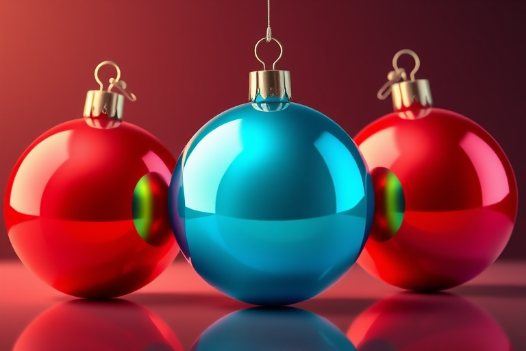 Create a high-resolution illustration of three glossy Christmas ornaments in red, blue, and green, with a soft gradient, using a 50mm lens at f/2.8, shot from a slight above angle to highlight reflections, in a digital format on a DSLR camera.