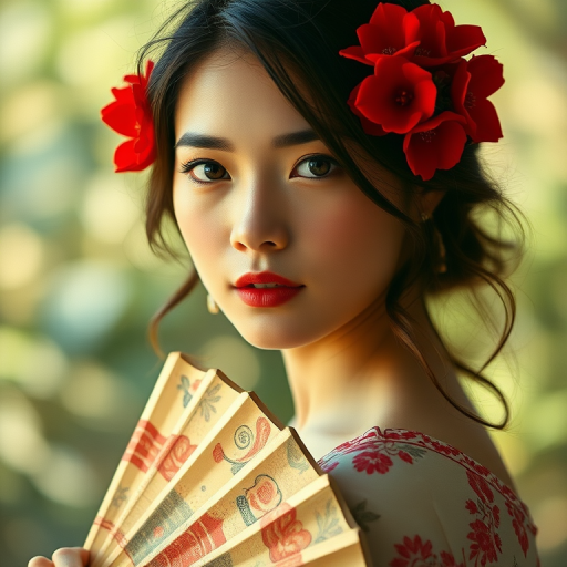 Portrait of a woman with red flowers in her hair and a fan, natural lighting, shallow depth of field, 50mm lens, f/1.8, ISO 100, enhanced color saturation, captured in a vintage style with a DSLR camera.