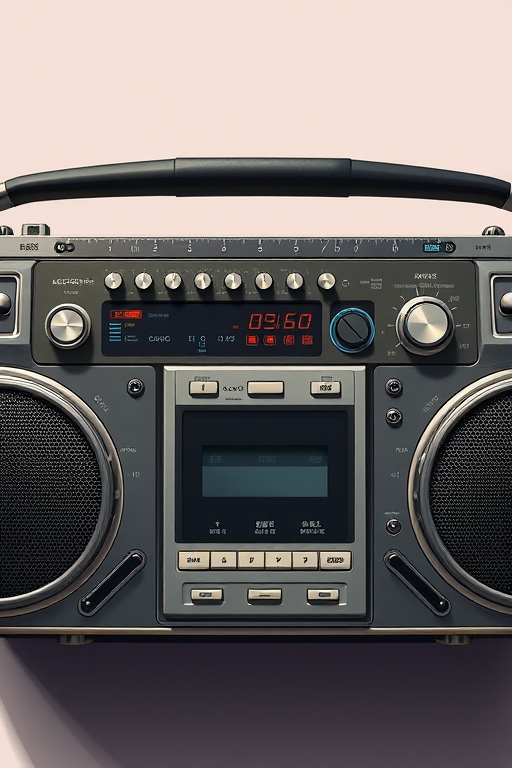 Regenerate an illustration of a vintage boombox with detailed buttons and features, focus on a top-down view, using a Canon EOS R5 camera with a 50mm lens, aperture set to f/4, ISO 100, and a soft lighting style to enhance clarity and color depth.