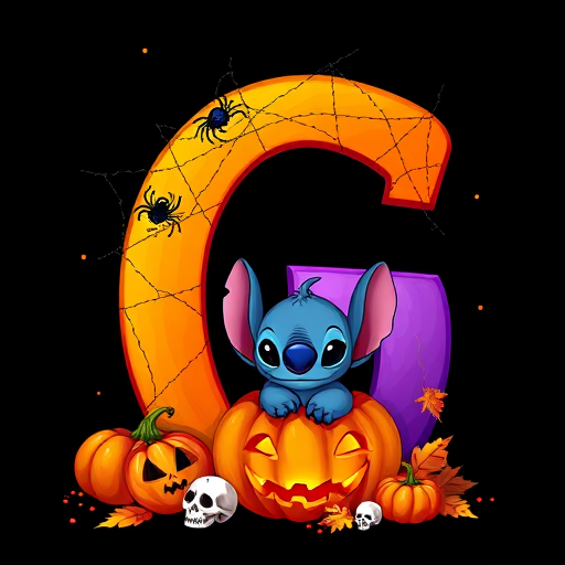 A whimsical and vibrant Halloween-themed digital illustration featuring the letter "G" adorned with spider webs, small bats, and cute spiders. At the base of the letter, a playful alien character similar to Stitch is peeking out from inside a carved pumpkin with glowing eyes, surrounded by additional pumpkins, a small skull, and autumn leaves. The letter is gradient-colored from orange to purple, adding a magical atmosphere to the scene, black background