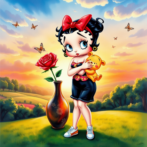 Luxury 3D HD realistic watercolor oil painting. Betty Boop with black hair in two messy buns. Red headband with big bow. He wears black shorts with a colorful t-shirt. White sneakers. She is standing hugging winnie the pooth next to a large vase with a tall red rose, There are trees and butterflies flying. The land with a beautiful lawn. Full body. Background of a sunset