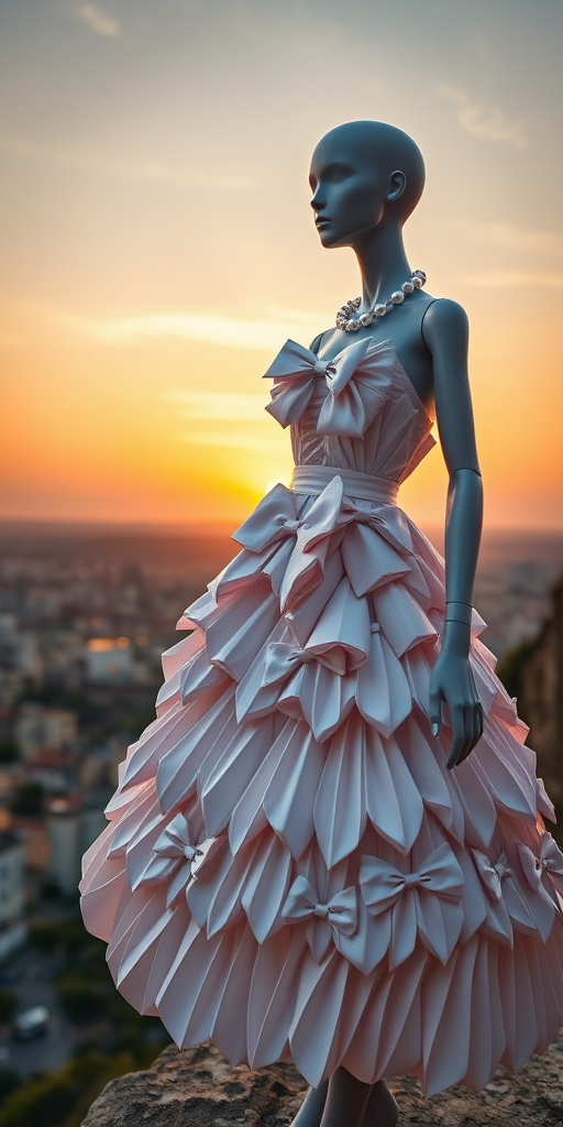 Create a high-resolution image of a fashion-forward mannequin in an elaborate dress made of paper folds and adorned with bows and pearls, positioned dramatically on a cliff overlooking a cityscape at sunset, with a DSLR camera setting of f/2.8 aperture, ISO 100, 24mm focal length, shot from a low angle to emphasize the dress and background, employing a wide-angle lens for enhanced detail and depth of field.