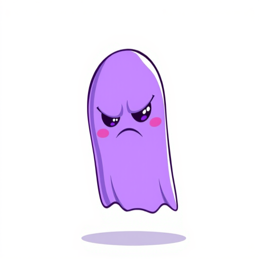 Create a cartoon-style illustration of a purple, semi-transparent ghost character with a slightly annoyed expression, using a Canon EOS R5 camera with a 50mm f/1.8 lens, aperture set to f/2.8, shutter speed 1/200s, and ISO 200 for vibrant colors and sharp details on a white background.