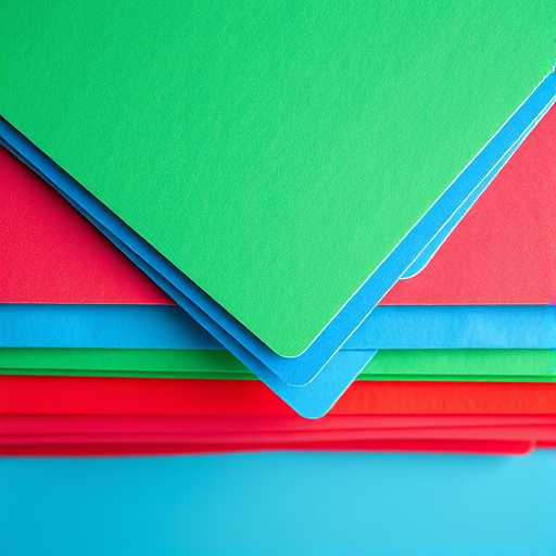 A vibrant stack of colored paper including red, green, and blue sheets, top-down view, 50mm lens, f/2.8 aperture, natural lighting, high-resolution digital camera.