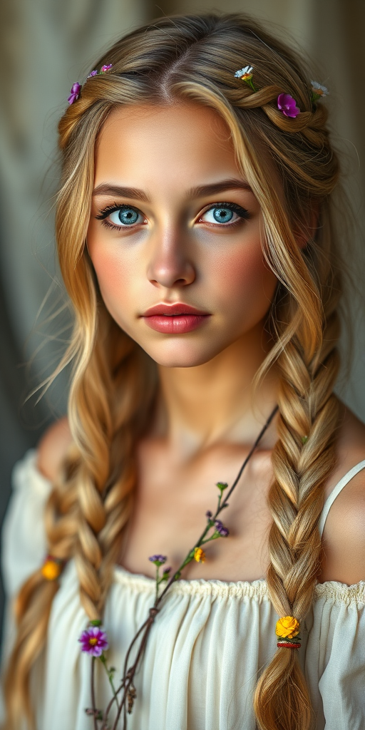 Create an image of a young Mestizo woman with long, wavy blonde hair, adorned with small, colorful flowers woven into her braids and loose strands. Her complexion is fair, with soft, glowing skin, and she has light blue eyes that gaze softly at the viewer. She wears a light, flowing dress with a gentle, ethereal quality, complementing her delicate and serene appearance. The background is slightly blurred, drawing focus to her tranquil expression and the intricate details of the flowers in her hair. The overall mood of the image is one of natural beauty and grace, evoking a sense of peacefulness and connection with nature.