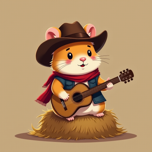 A chibi hamster, dressed as a cowboy, playing guitar, sitting on a hay bale