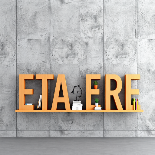 Create a 3D-rendered image of a modern bookshelf spelling the word 'ETAGERE' with colorful decorative items on each letter, set against a textured concrete wall, using a DSLR camera with a 50mm lens at f/4, ISO 200, and a soft lighting setup to enhance details and textures.