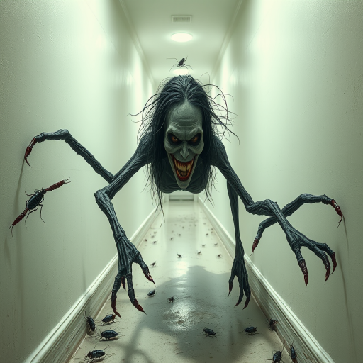 a crooked woman with long arms and a creepy smile is crawling along a long white corridor and you can also see cockroaches in it there is a creepy atmosphere creepy art style