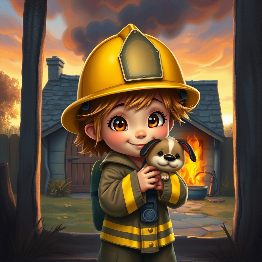 airbrushed oil painting, pixar style, cute little girl in fireman gear, helmet, tousled hair, expressive eyes, standing in the doorstep of a cottage burning behind him, holding a cute little dog in her arm, atumn sky