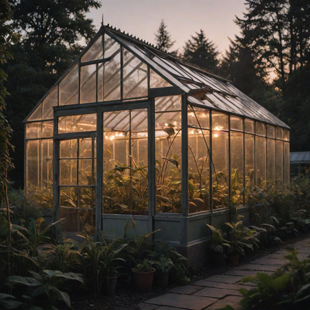 Warmly lit photo of a glass greenhouse at dusk, with soft light from inside illuminating the plants and a gentle mist rising from the ground, creating a magical atmosphere.