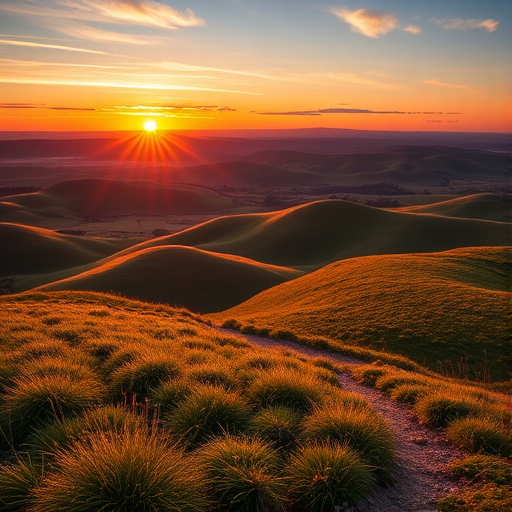 Generate a high-resolution image of a scenic landscape featuring rolling hills and a vibrant sunset, using a DSLR camera with a 50mm lens, aperture set to f/1.8, ISO 400, and a view from a low angle to enhance depth and richness in colors.
