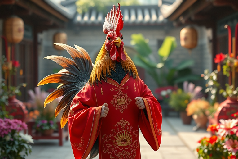 animanflux,This is a surrealistic realistic photography,in traditional Chinese attire, Tang dynasty, An anthropomorphic chicken is crowing proudly in the early morning courtyard. The courtyard is filled with a variety of flowers and plants, and dewdrops glisten crystalline on the petals. Its eyes were bright and proud, with a hint of triumph on its face, as if announcing the start of a new day. Dressed in a red robe embroidered with golden feathers and sunrise designs, it looked gorgeous and proud, the hem of the robe swinging gently as it crowed, as if echoing the morning light. In the courtyard, the flowers and plants are fragrant, and its robe swings gently with the wind, filling the whole scene with life and vigor