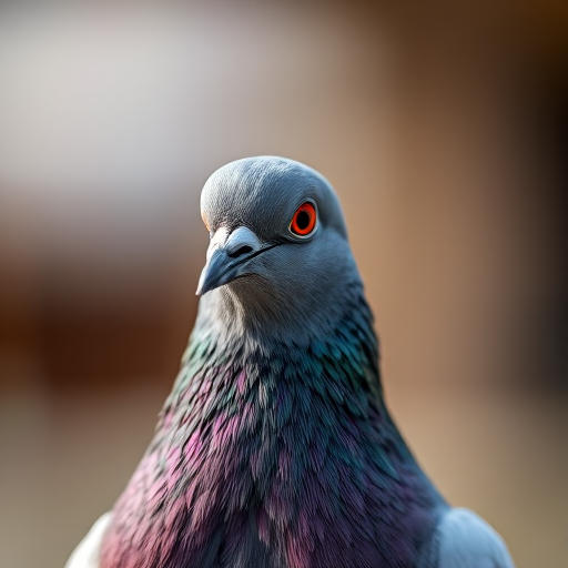 capture a close-up of a pigeon with a soft-focus background, use a 50mm lens at f/2.8 aperture, ISO 200, shutter speed 1/100s, natural lighting, DSLR camera, emphasize fine details and vibrant colors of the feathers
