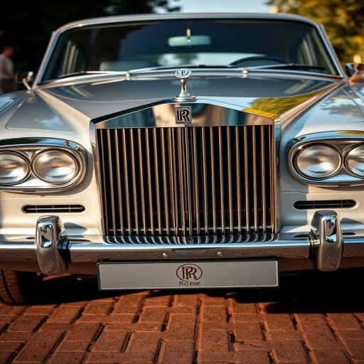A classic silver Rolls-Royce with a polished finish, captured from a low-angle front view, using a DSLR camera with a 50mm lens, aperture set to f/2.8, ISO 100, and a shutter speed of 1/125 seconds to enhance depth of field and clarity.